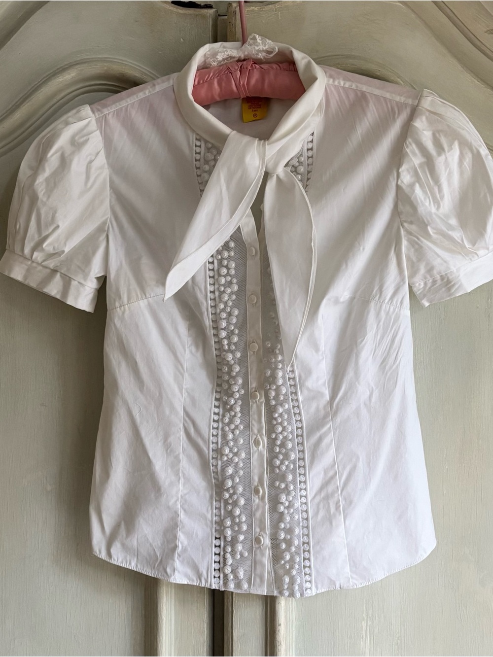Catherine Malandrino White Tie-Neck Puff Sleeve Blouse with Pearl Trim
